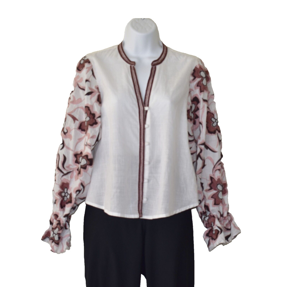 B0 NWT ANTHROPOLOGIE White Cotton Embroidered LS V-Neck Blouse Top Size XS $160